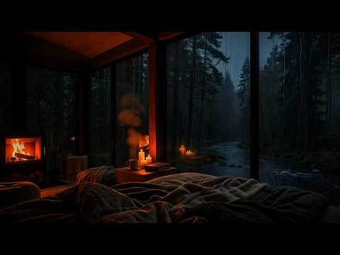 Heavy Rain Sounds for Sleeping 🌧️ Cozy Cabin with Fireplace & Forest Ambience (8 Hours)