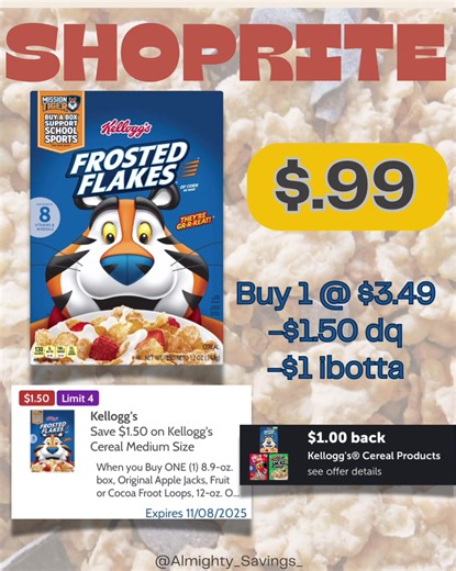 Ahorra en Frosted Flakes en ShopRite por solo $0.99