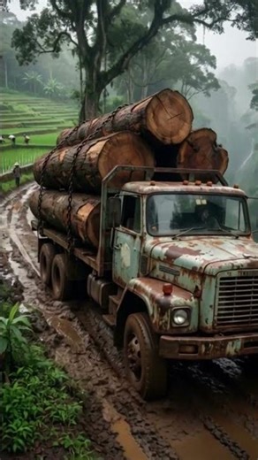 Old Logging Truck Struggling Through Muddy Forest Road