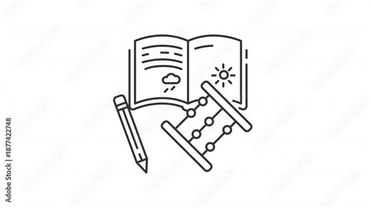 Animated elementary school line icon. Textbook, abacus and pen animation. Development of little schoolchildren. Education process. Outline element on white background. HD video with alpha channel