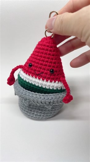 Crocheted watermelon doll keyring. Cute fruit keyring