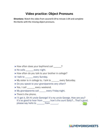 Object Pronouns video practice worksheet