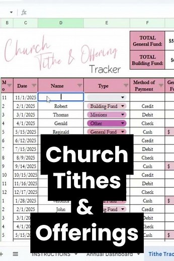 Church Tithe Tracker Excel Spreadsheet Template, Tithes and Offerings Google Sheet Record Keeping