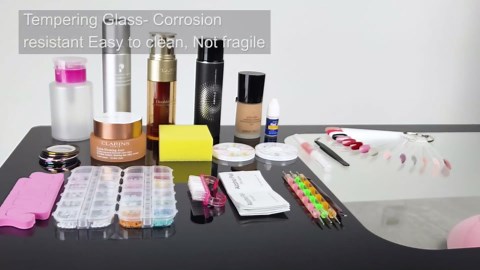 Paddie Manicure Table with LED Light, L-Shaped Glass Top Nail Tech Table w/2 Storage Shelves, Upwards Cabinet Door, Corner Nail Station w/3 Drawers & Wrist Cushion(Gray Marble)