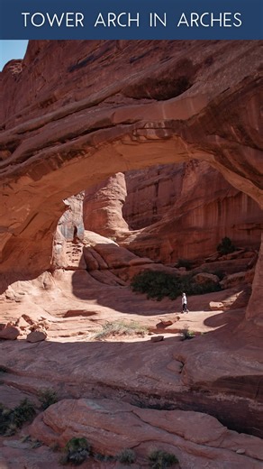 This arch in Arches National Park is in a quieter area of the park and requires off road driving. 📍 Tower Arch in Arches National Park If you have a 2 wheel drive or low clearance vehicle, you’ll have to do a 2.6 RT mile strenuous hike to reach the arch after 8 miles of dirt road driving. If you have a 4 wheel drive high clearance vehicle, you can take the 4WD only Tower Arch Road to park closer for an easier hike. It has soft sand and some decent climbs on this road. If you take the 4WD road, 