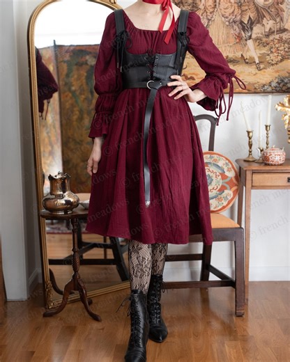 Dark Red Cotton Puff Sleeve Renaissance Dress | Chemise Pirate Blouse off the Shoulder Witch Vampire Ethereal Gothic Dark Fae Plus Size - Etsy