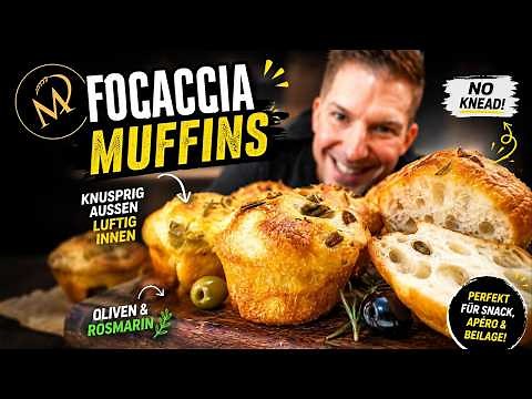 Crispy focaccia muffins with olives and rosemary - no kneading required! 🫒✨
