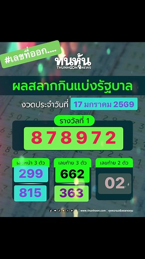 ผลรางวัลสลากกินแบ่งรัฐบาล 17 มกราคม 2569