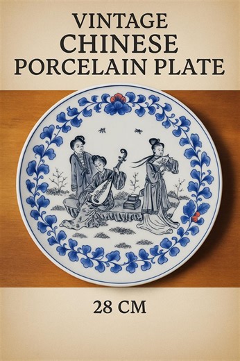 ヴィンテージ中国磁器皿 – 28 cm – 手描きの宮廷女性シーン – 青と白に多色のアクセント – 20世紀半ば - Etsy 日本