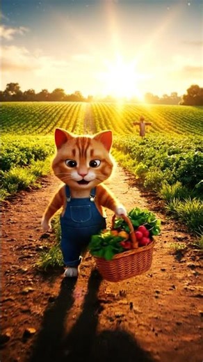 A cute cat harvests fresh crops in a peaceful farm setting.
