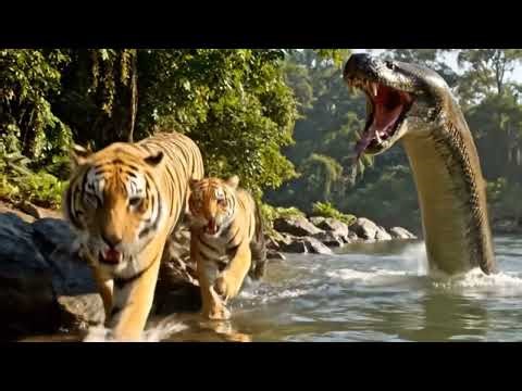 Giant Anaconda Attacks Tiger & Cubs | Gorilla’s Shocking Rescue | Jungle Survival Fight video 