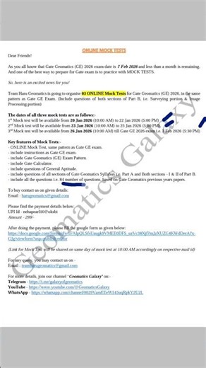 Announcement of ONLINE MOCK TESTS for Gate Geomatics (GE) 2026 by Geomatics Galaxy