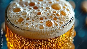 This refreshing glass of beer filled with bubbles and foam, highlighting its golden color.