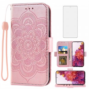 Compatible with Samsung Galaxy S20 FE 5G 6.5 inch Wallet Phone Case and Tempered Glass Screen Protector Flip Credit Card Holder Stand Cell Cover for S 20 EF UW 2022 S20FE5G Fan Edition 4G G5 Pink