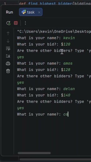 Built a Python bidding system 💻 Finds highest bidder using loops & functions. #Coding #Python”
