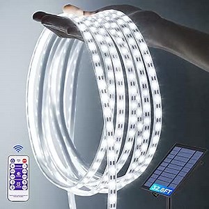 32.8FT LED Strip Lights Outdoor, 600LEDs Solar & USB Powered Dimmable LED Strip Lights with Remote, IP65Waterproof Strip Lights for Outside Deck Gazebo Porch Balcony Trampoline Decor