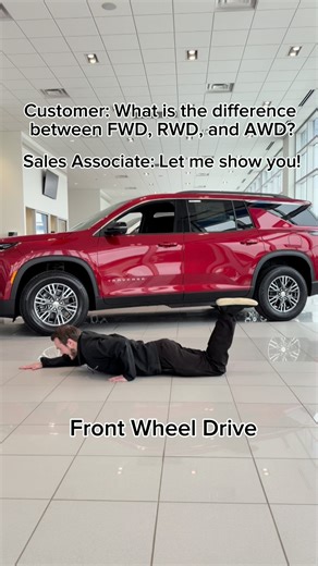 2.9K views · 46 reactions | Trying to remember which is FWD, RWD, or AWD? Don’t worry… our team filmed a little “demonstration” that might help (or at least make you laugh!) Swing by and let us help you choose the right drive for your next ride!  | Ryan Chevrolet | Facebook