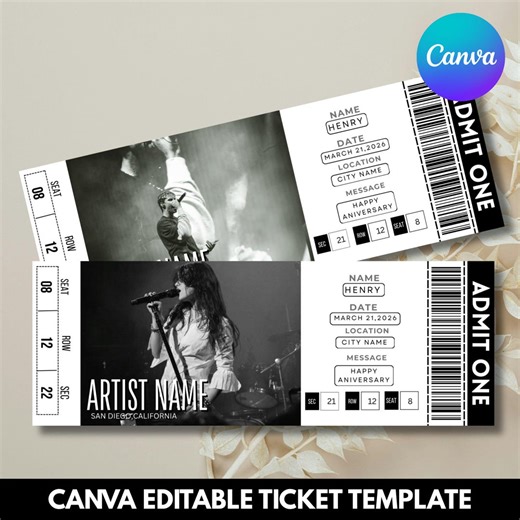 Editable Concert Ticket Template, Custom Concert Ticket, Printable Concert Ticket, Gift Idea, Canva Template, Digital Download - Etsy