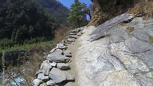 Subjective view and walking on the mountain road. High speed camera,slow motion
