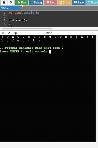 c program to print all lowercase alphabets in reverse order using for loop #shorts