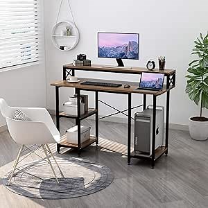 Computer Desk with Shelves - Writing Study Desk with Monitor Stand Shelf/Bookshelves/CPU Stand,Modern Study Table Stable Metal Frame Student Desk for Small Space Home Office Workstation(Walnut)