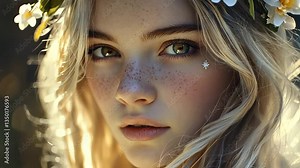 Beautiful young woman with freckles and flower crown. Girl with blurry face on the background. Model faces a daisies in a bouquet of flowers. A lovely young lady adorned with freckles and lifestyle a.