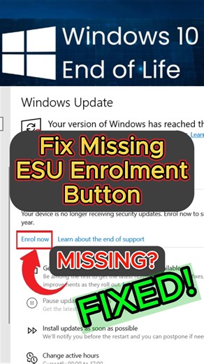 FIX the Missing Windows 10 ESU “Enroll Now” button. check comment for list of commands. #windows11