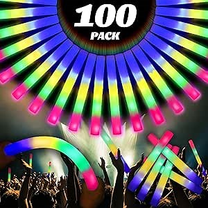 100 Pcs 18.5 inch Foam Glow Sticks Bulk, 4 Color LED Light Foam Sticks, Glow In The Dark Party Supplies, 3 Modes Colorful Flashing for Birthday Wedding Easter Halloween Christmas