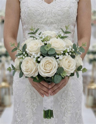 White Rose Bridal Bouquet With Eucalyptus and Baby's Breath, Artificial Wedding Flowers, Classic Bride Bouquet, Real Touch - Etsy