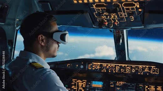 Airplane pilot wearing VR goggles. Flight training.