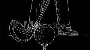 2d Animation motion graphics showing a drawing of a golfer with golf club teeing off front view on white and green screen with alpha matte in HD high definition.