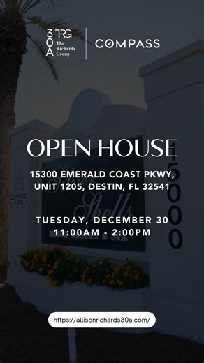 ✨ Open House ✨ 15300 Emerald Coast Parkway, Unit 1205, Destin, FL 32541 Tuesday, December 30 | 11:00am - 2:00pm | $975,000 Click the link to know more: 👉 https://allisonrichards30a.com/ Experience the pinnacle of luxury Gulf-front living at the highly sought-after Silver Shells Beach Resort in Destin! This beautifully renovated 2-bedroom, 2-bathroom condo offers stunning views of the Emerald Coast and exclusive private beach access. Step inside to a coastal oasis with stylish interiors that ins