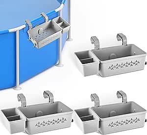 Sliner 4 Sets Large Poolside Storage Basket with Pool Cup Holder 16.5 x 8.3 Inches Above Ground Pool Accessories Swimming Pool Towel Storage Pool Toy Organizer, Fits 3.2 Inch or Less Top Rail
