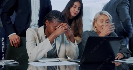 Error, laptop and reaction with business people in office together for bad news or disappointment. Computer, fail and mistake with employee team in corporate workplace for debt or financial loss