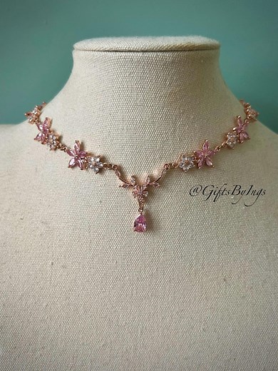 Elegant Ethereal Pink Floral Rose Gold Choker Necklace, Regal Whimsical Bridal Messy Coquette Wedding Choker, Fantasy Fairycore Jewelry Set - Etsy