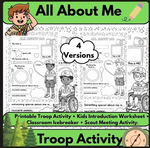 Boys Troop All About Me Troop Activity Worksheet, Kids Introduction Icebreaker, Scout Activity Digital Download)