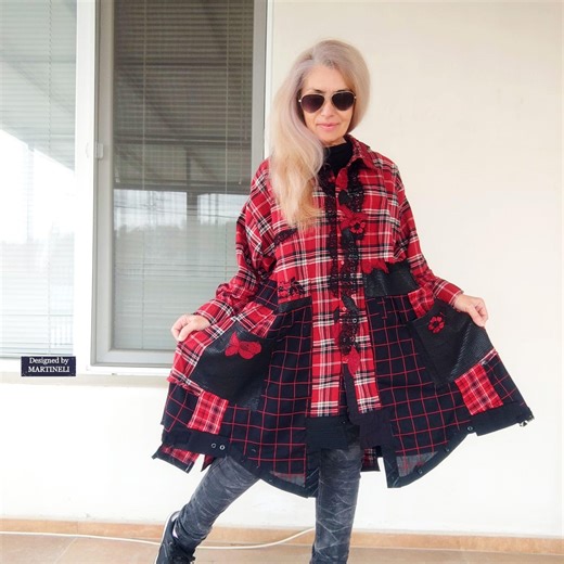 Plus Size Red Spring Duster Jacket,2xl/3xl Boho Plaid Flannel Shirt Dress - Etsy