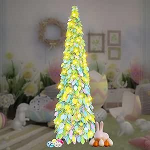 5 FT Pop Up Christmas Tree with Lights,Artificial Christmas Tree,Pre-lit Pencil Christmas Tree,Collapsible Tinsel Pencil Xmas Tree for Indoor Outdoor Easter Flower Tabletop Decor (A)