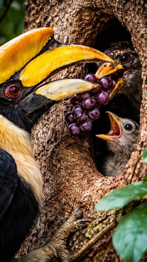 Hornbill Dad Brings Grapes to His Sealed Family 🍇🦜