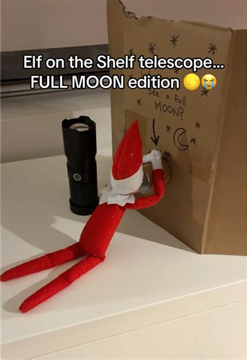 Easy Elf on the Shelf 2025 idea 🌕😂 Toilet roll “telescope” cardboard sign that says “Want to see a full moon?” Add a flashlight… and the other Elf is waiting at the end 💀 This took me 5 minutes and the kids LOST it. Save this for December and tag a parent who’ll actually do it 🤣 #elfontheshelf #elfontheshelf2025 #elfideas #elfprank #mumlife