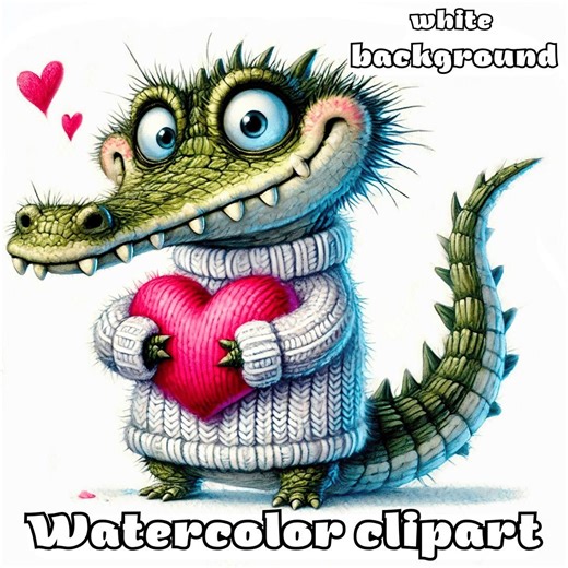 Valentine Crocodile Clipart Watercolor Set, Cute Love Crocodile With Hearts and Happy Valentines Day Text JPG - Etsy