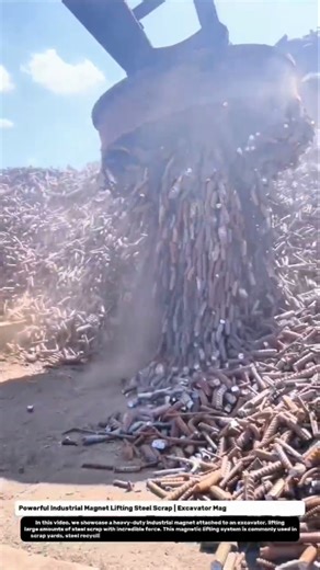 Powerful Industrial Magnet Lifting Steel Scrap | Excavator Magnetic System in Action.