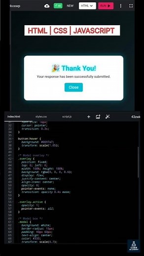 How to make thank you modal using html css and javascript #html #css #shorts | Code Alchemy