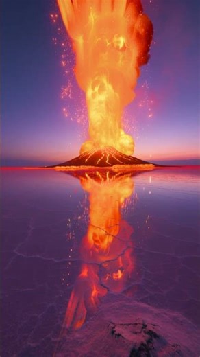 Volcano Erupts on Mirror Salt Flat #volcanicEruption #saltFlat #breathtakingView