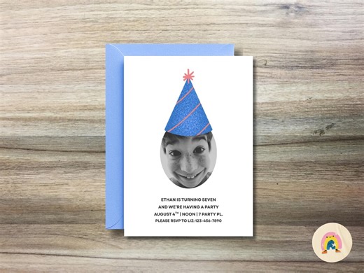 Party Hat Photo Birthday Invitation | Funny Custom Photo Invite | Kids & Adult Birthday | Canva Template | Instant Download - Etsy