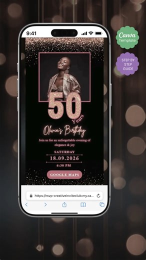 50th Rose Gold Glitter Birthday Invitation Canva, Editable, RSVP Music, 30th 40th 60th Celebration