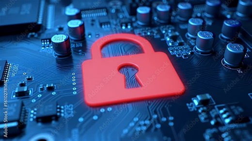 Cybersecurity: Red Lock Icon on Circuit Board Illustrates Digital Security, Protecting Data with Encryption and Strong Passwords for Online Safety
