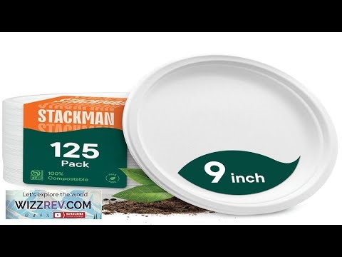 Stack Man 100% Compostable Paper Plates 9 Inch Heavy Duty 125 Pack Eco Friendly White