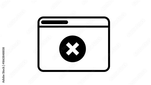 Animated web browser window icon featuring a large cross mark, indicating page closing, system errors, website failure, or cancelled digital tasks.