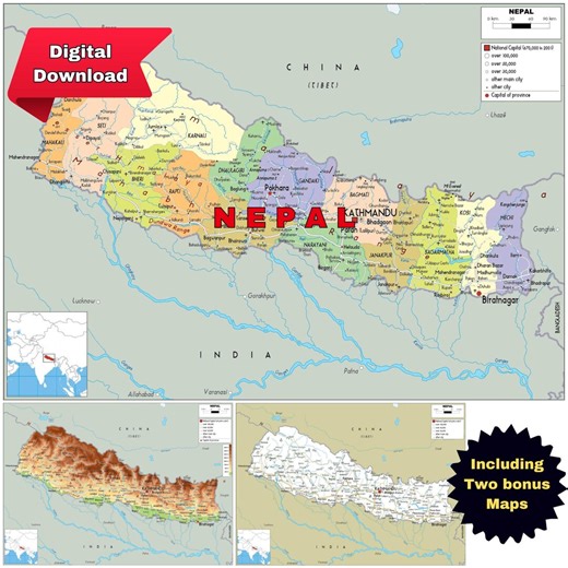Nepal Map Set Digital: Political, Topographical & Road (printable A3 Download) - Etsy